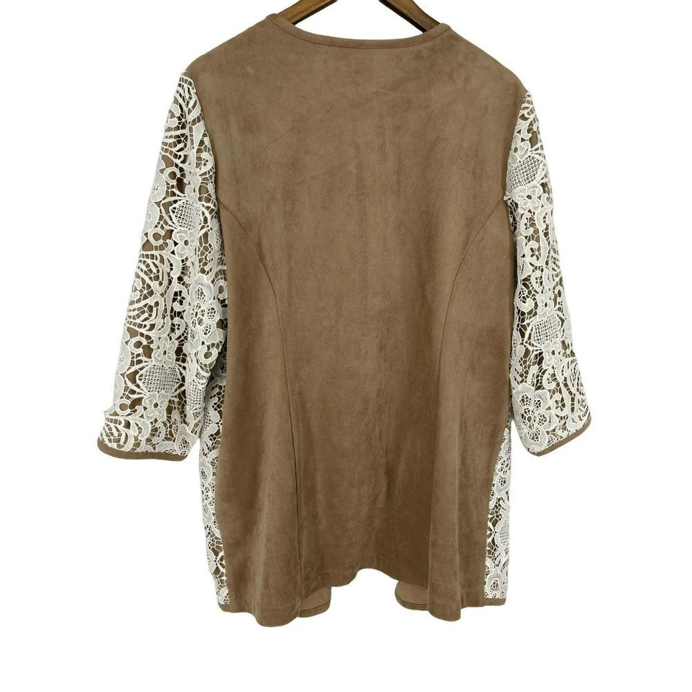 Chioc's Lace Overlay Open Front Faux Suede 3/4 Sleeve Cardigan Size 2(M) - Picture 2 of 7